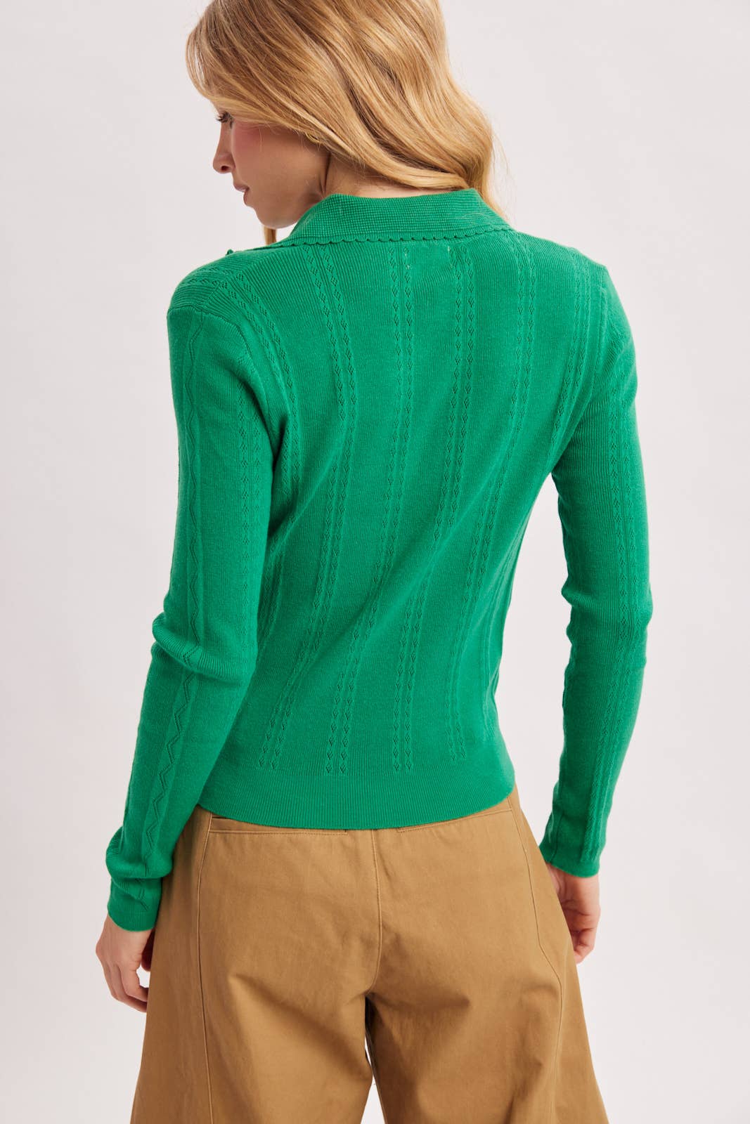 BUTTON-UP HENLEY NECK POINTELLE KNIT POLO TOP in Beige