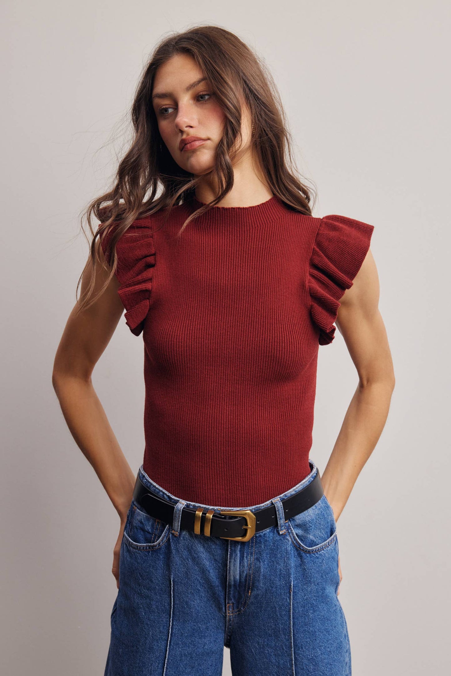 Ruffle Sleeve Rib Knit Top