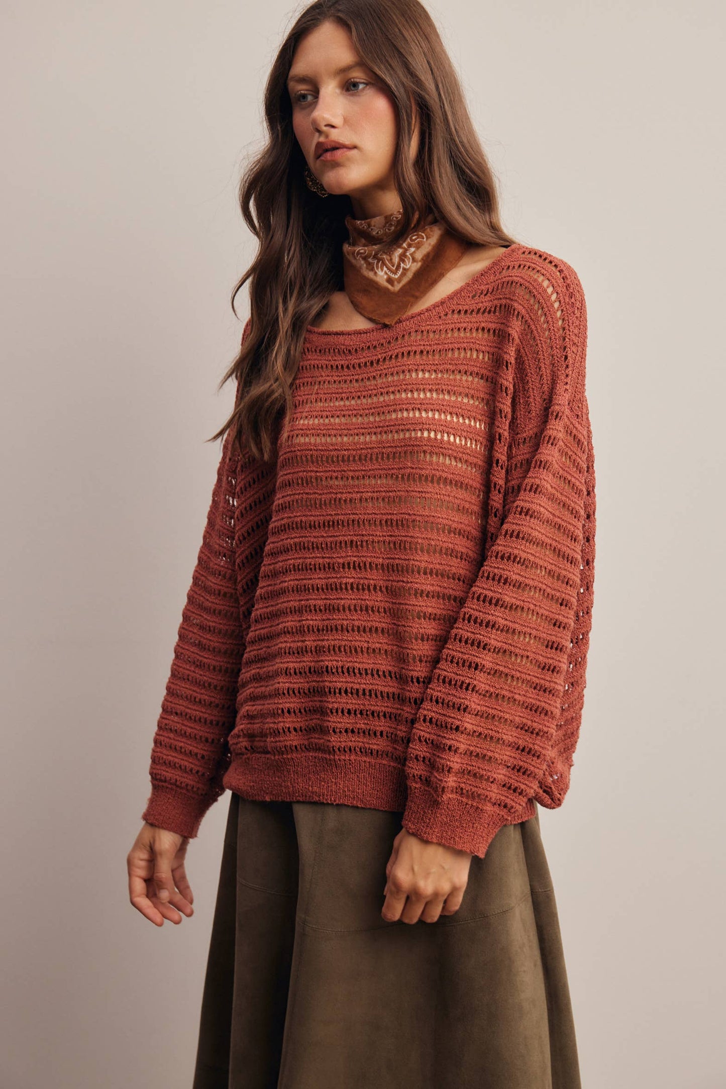Open-Knit Stripe Sweater Top in Terracotta