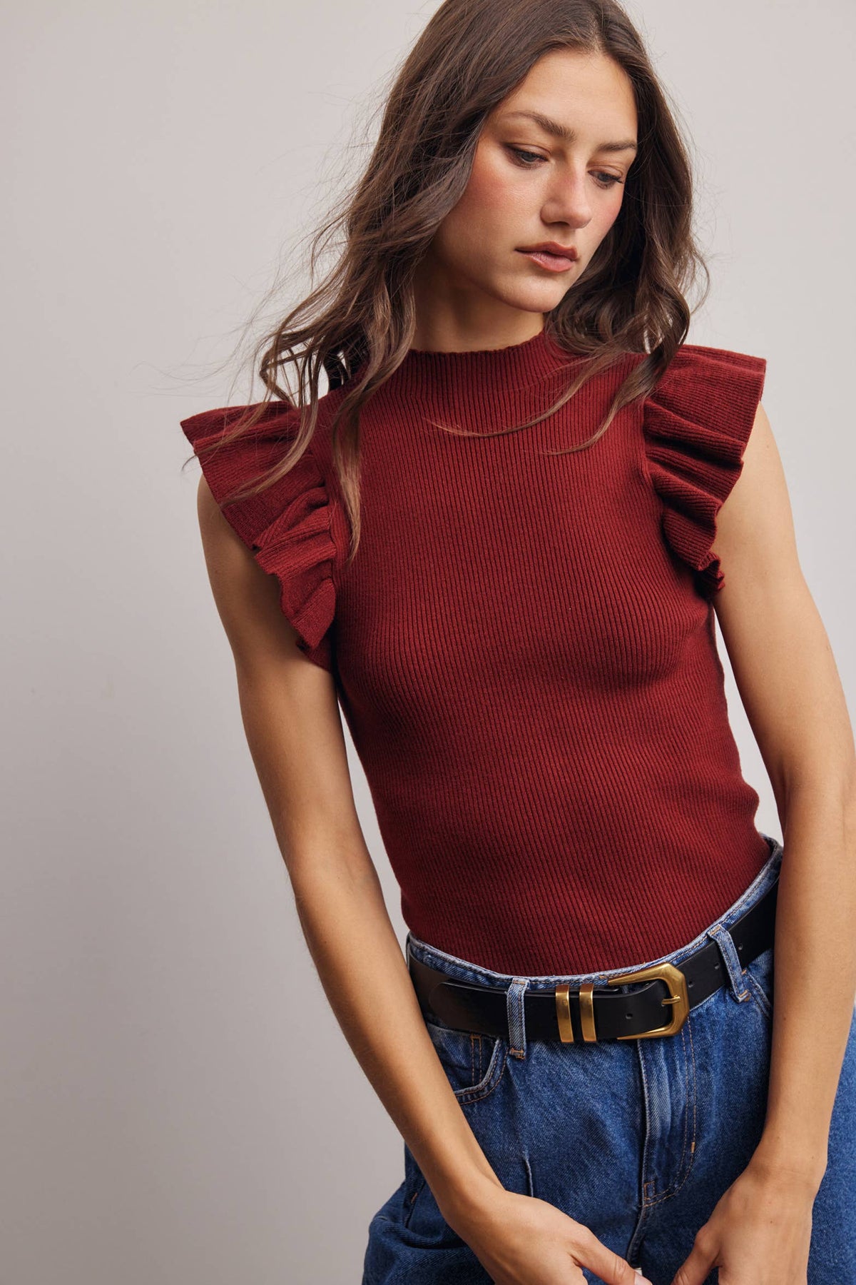 Ruffle Sleeve Rib Knit Top