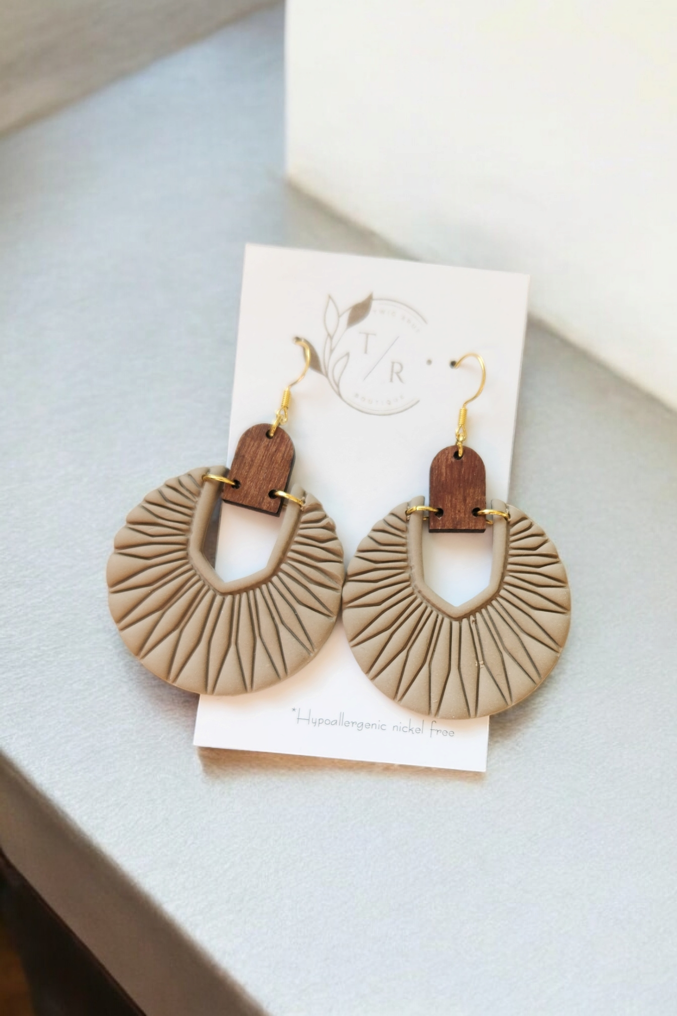 Luna|  Embossed Clay & Wood statement earring