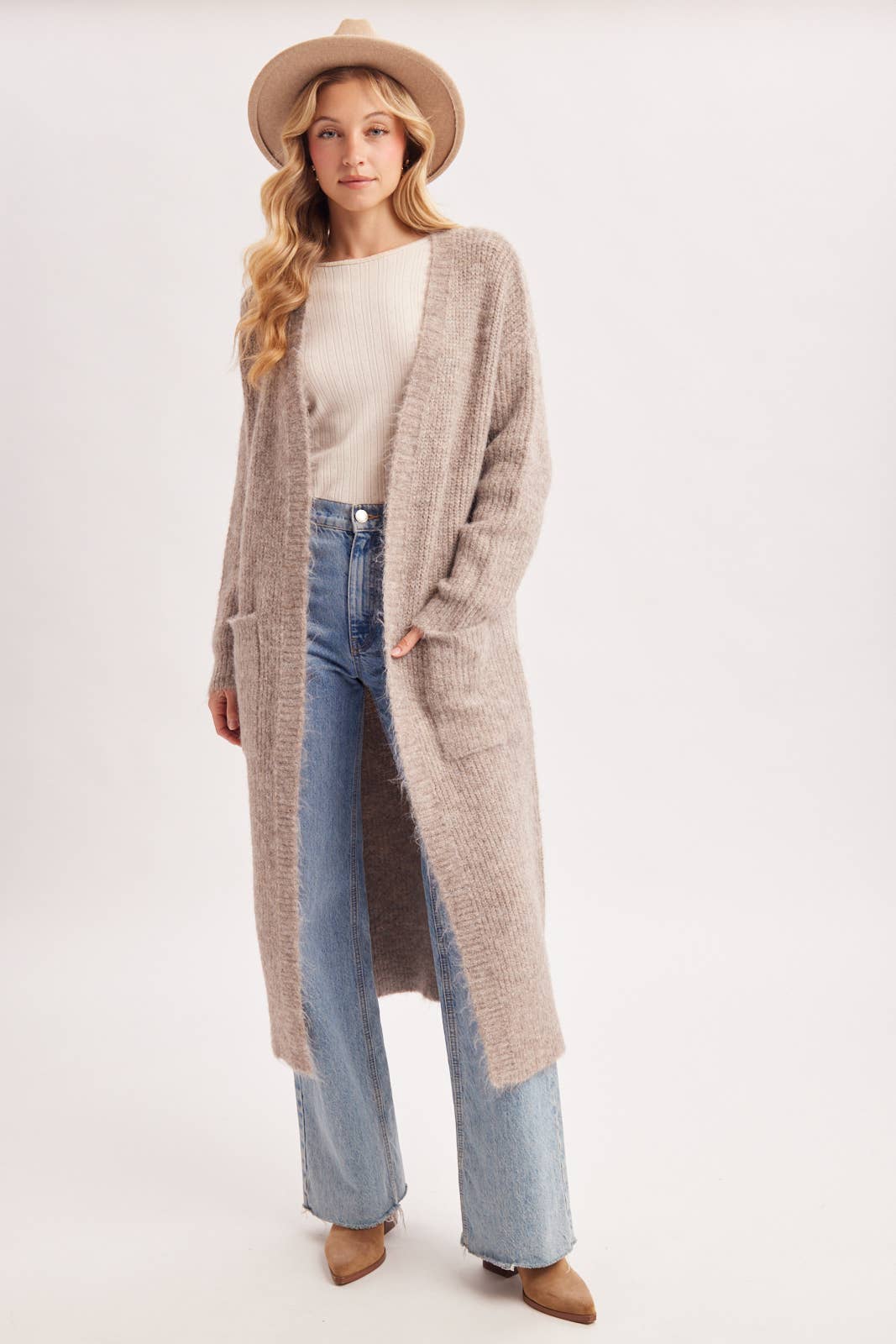 OPEN FRONT LONGLINE FUZZY KNIT SWEATER CARDIGAN in Taupe