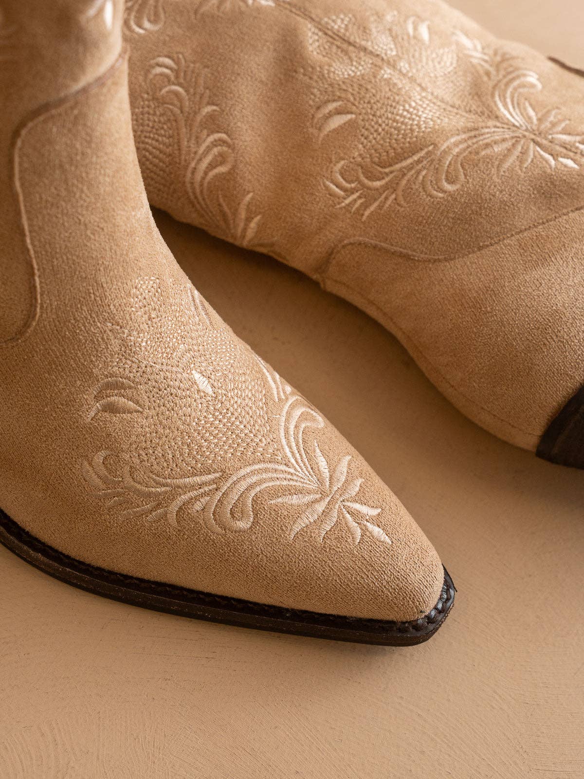 The Kamilla | Almond Suede Cowboy Boot with Embroidery in Almond