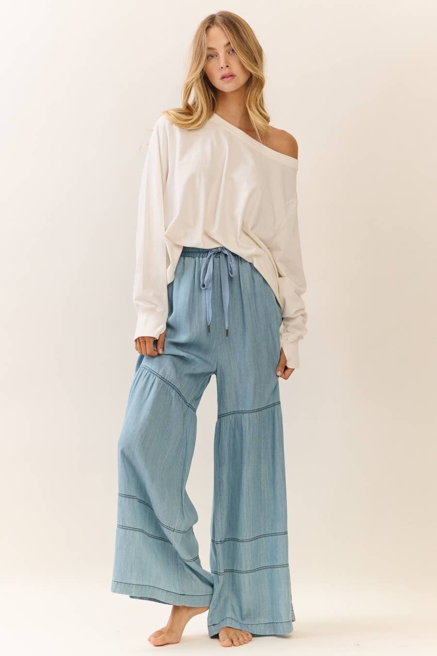 Washed Denim Tiered Wide Leg Pants