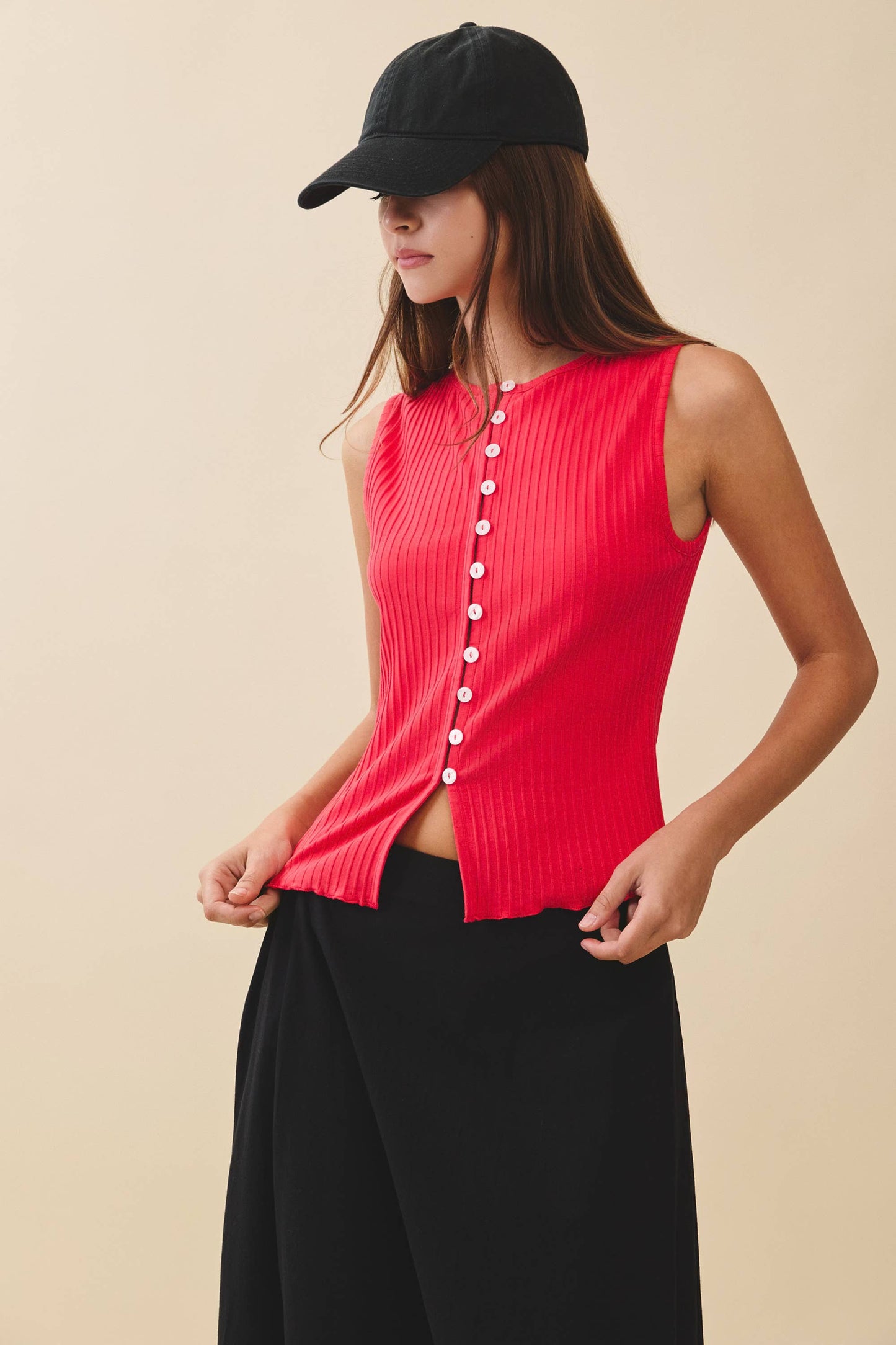 Ribbed Button Front Tank Top