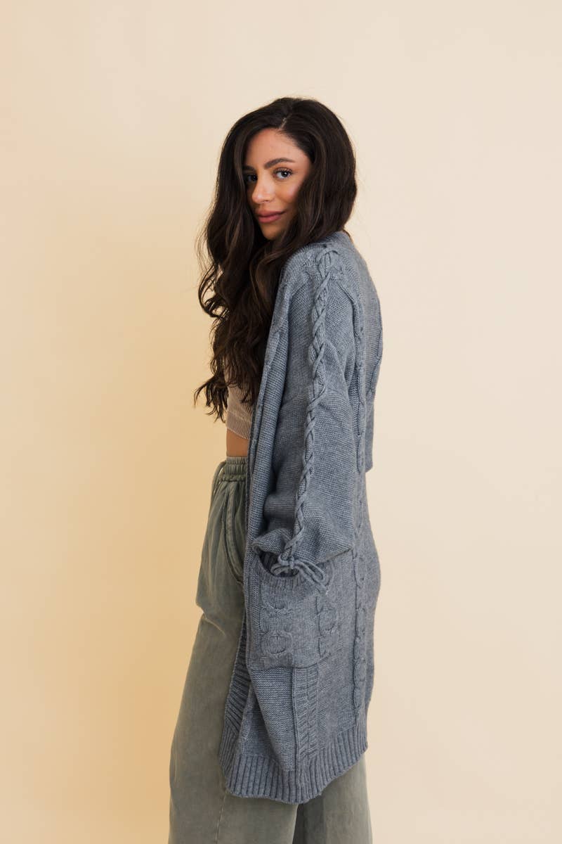 Cozy Gray Cable Knit Oversized Cardigan w/ Adjustable Sleeves