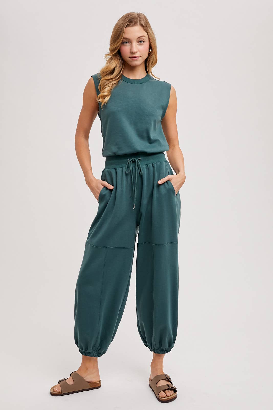 DRAWSTRING WAIST SLEEVELESS KNIT ACTIVE JUMPSUIT in Hunter Green