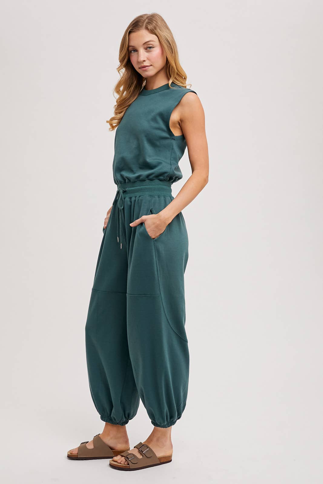 DRAWSTRING WAIST SLEEVELESS KNIT ACTIVE JUMPSUIT in Hunter Green
