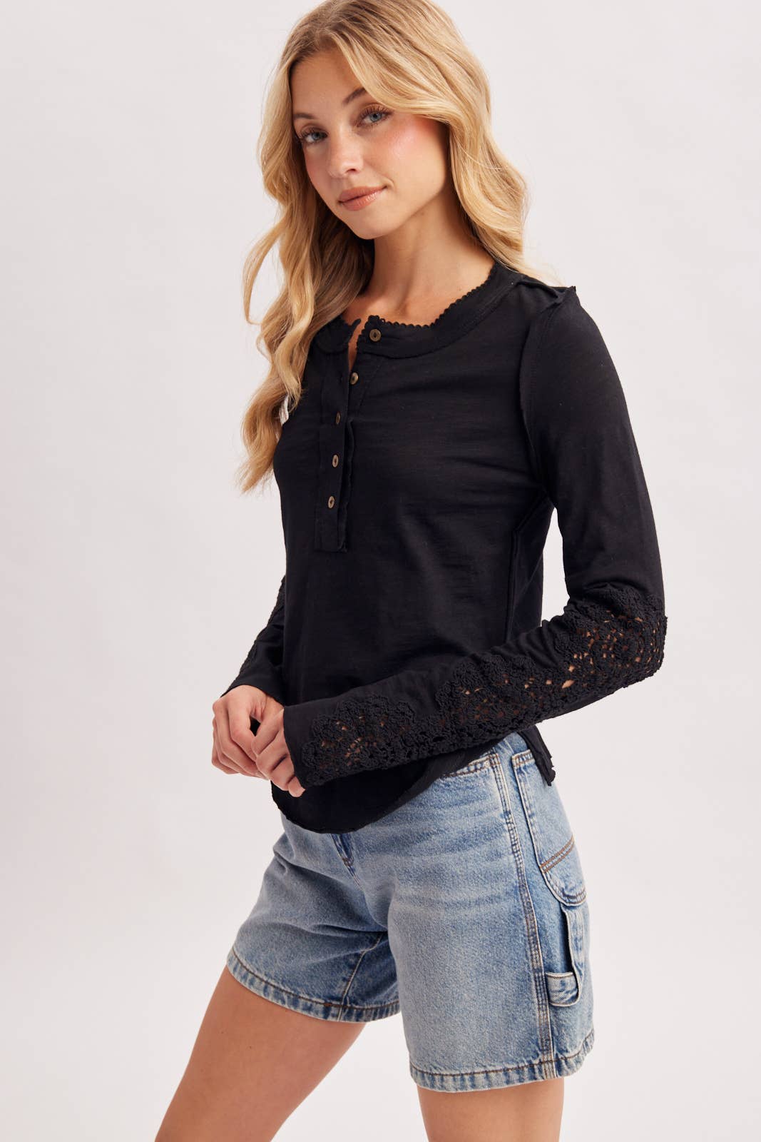 BLACK CROCHET PATCH SLEEVED HALF BUTTON ROUND NECK TOP