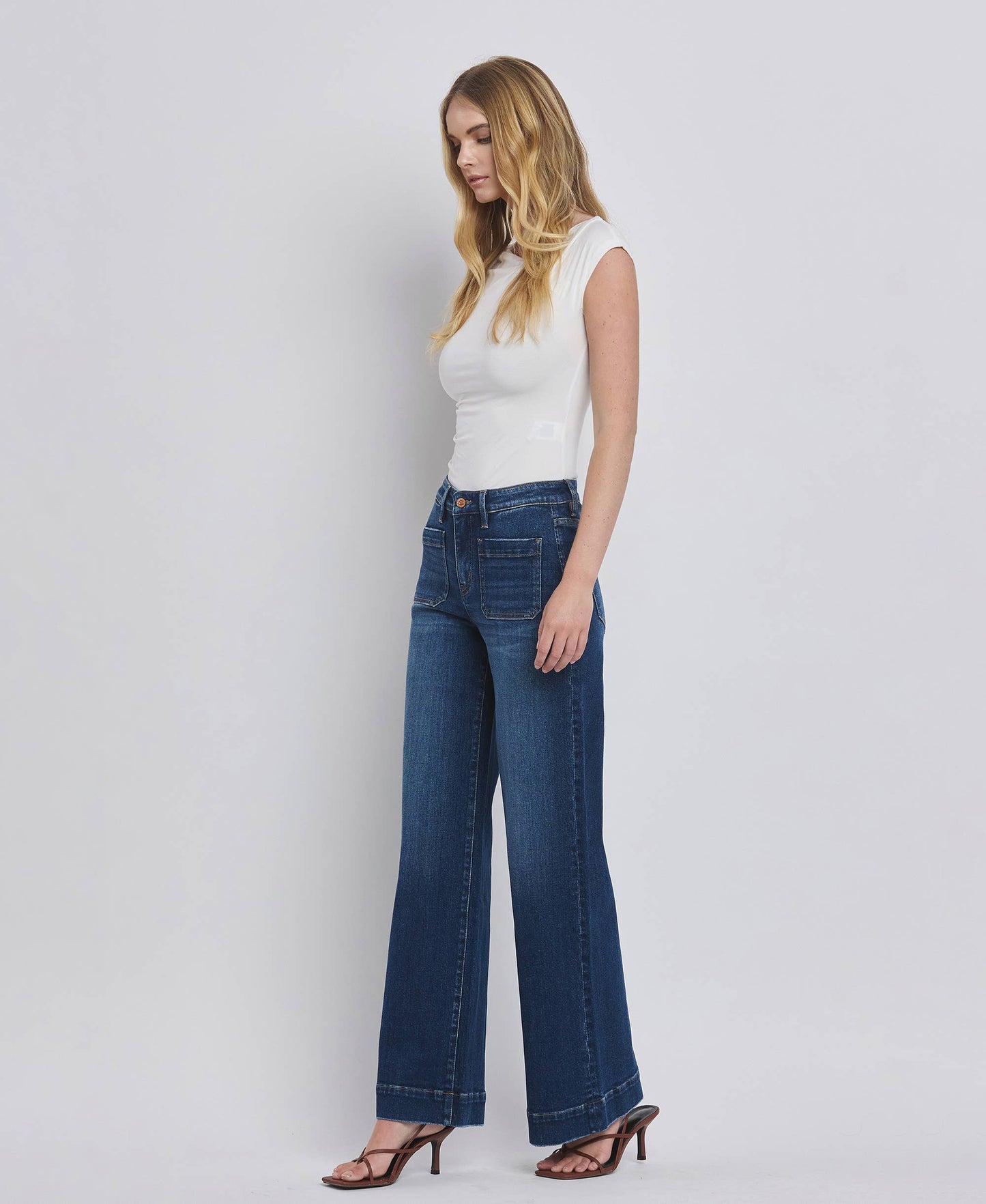 FLYING MONKEY HIGH RISE PATCH POCKET TROUSER  HEM WIDE JEANS