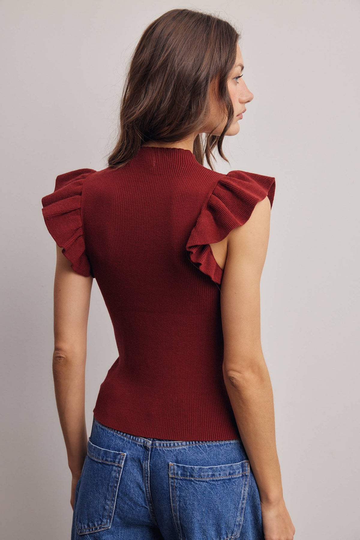 Ruffle Sleeve Rib Knit Top