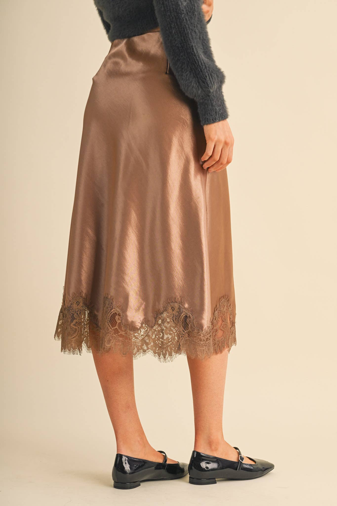 SATIN MIDI SLIP SKIRT WITH LACE HEM