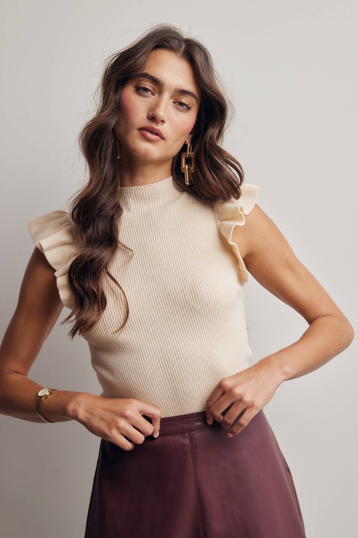 Ruffle Sleeve Rib Knit Top