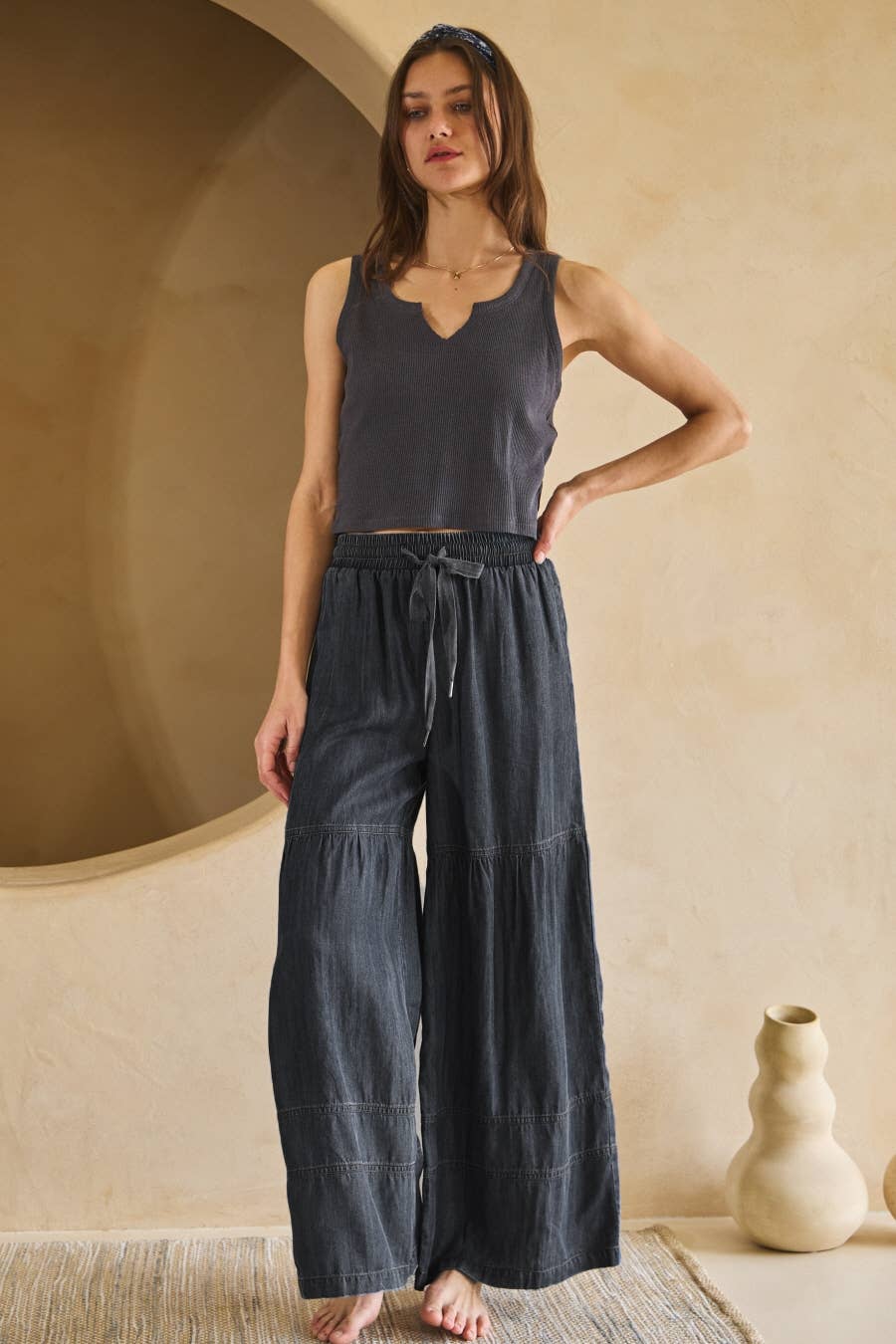 Washed Denim Tiered Wide Leg Pants Washed Black chambray