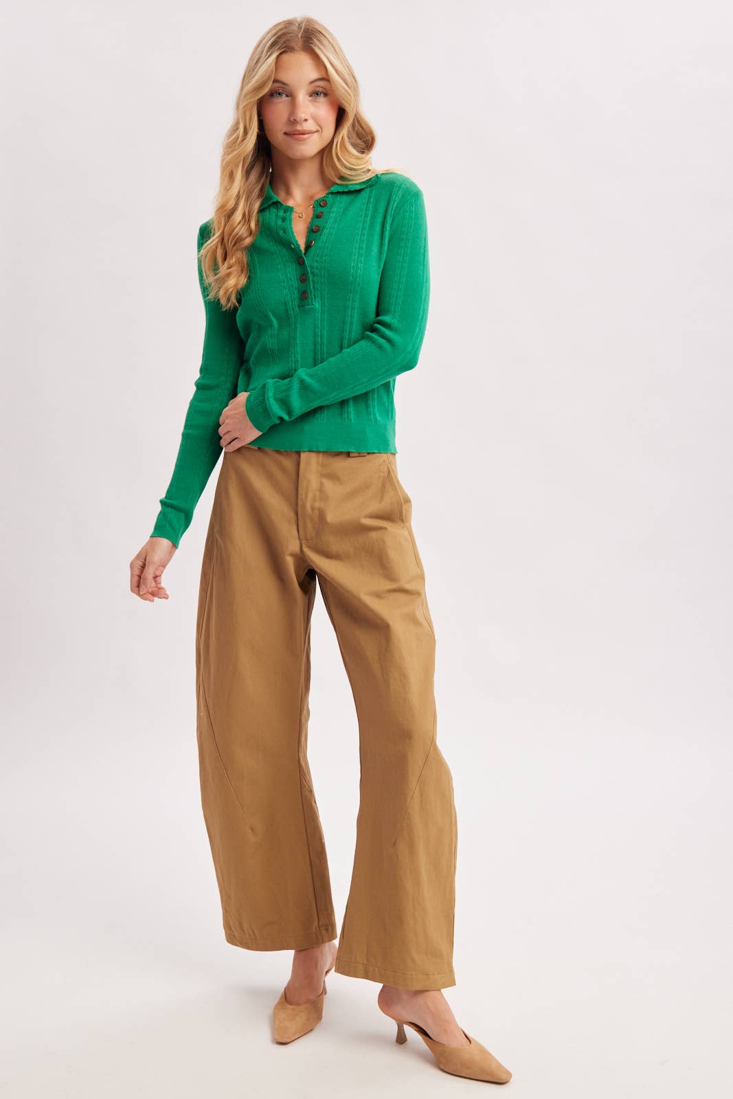 BUTTON-UP HENLEY NECK POINTELLE KNIT POLO TOP in Beige