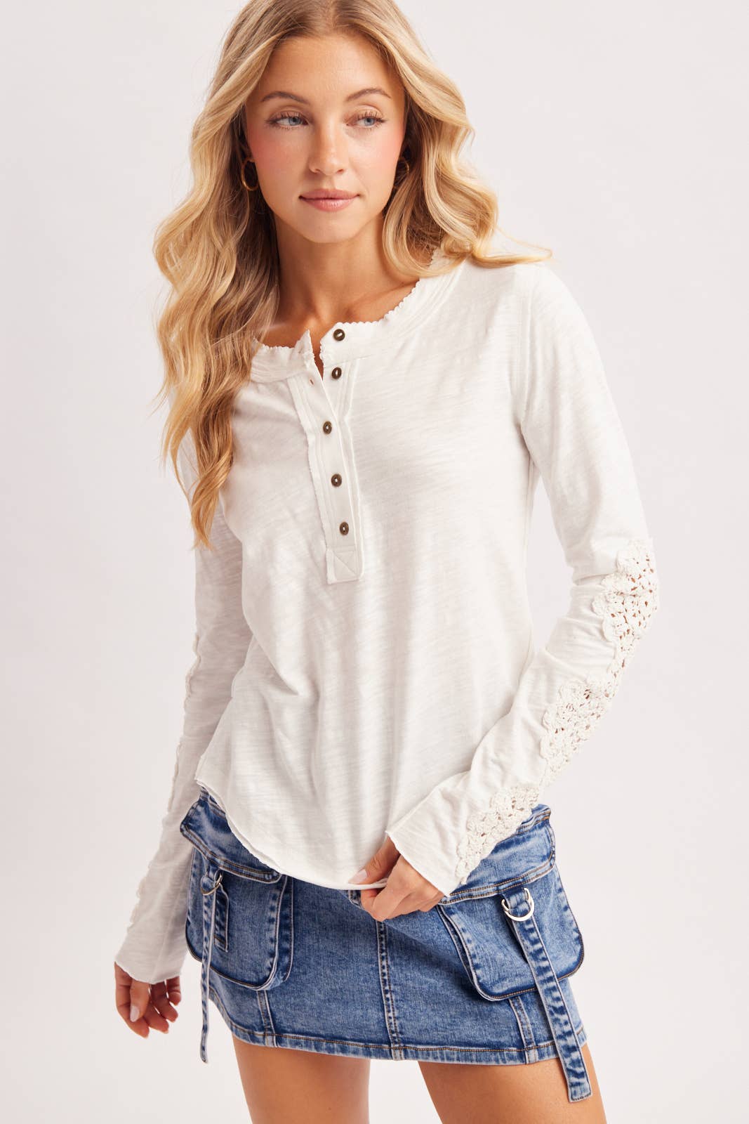 BLACK CROCHET PATCH SLEEVED HALF BUTTON ROUND NECK TOP