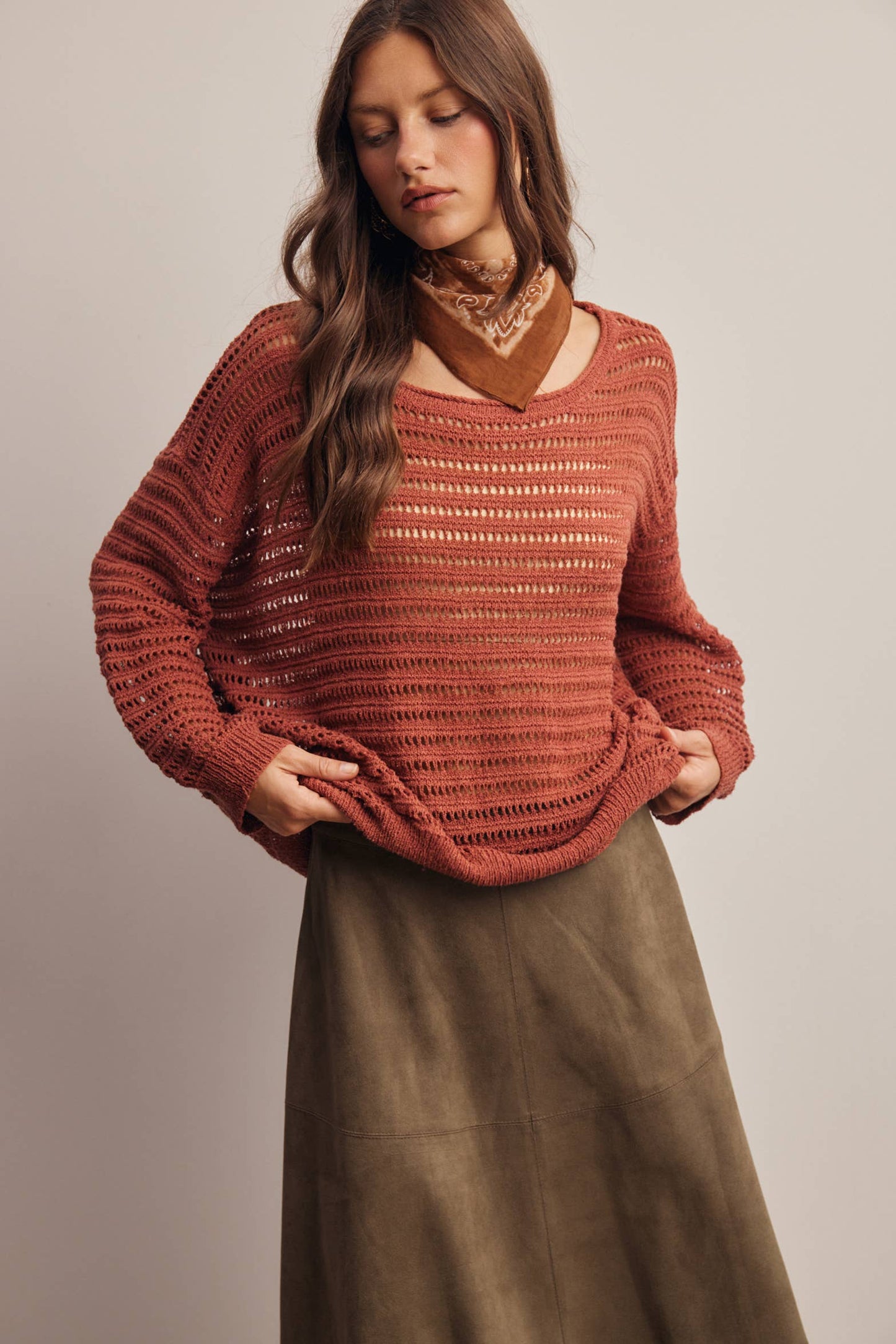 Open-Knit Stripe Sweater Top in Terracotta