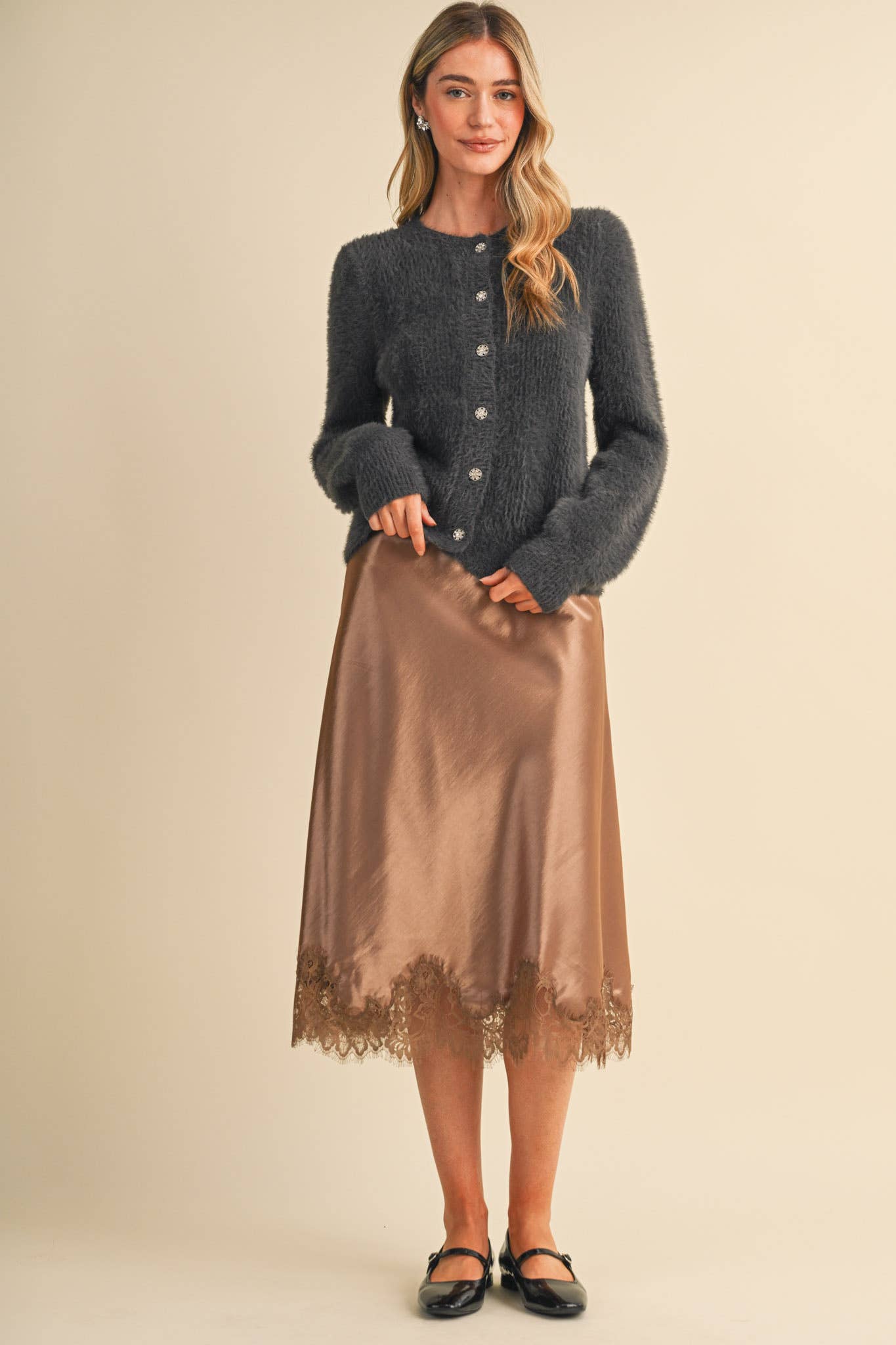 SATIN MIDI SLIP SKIRT WITH LACE HEM