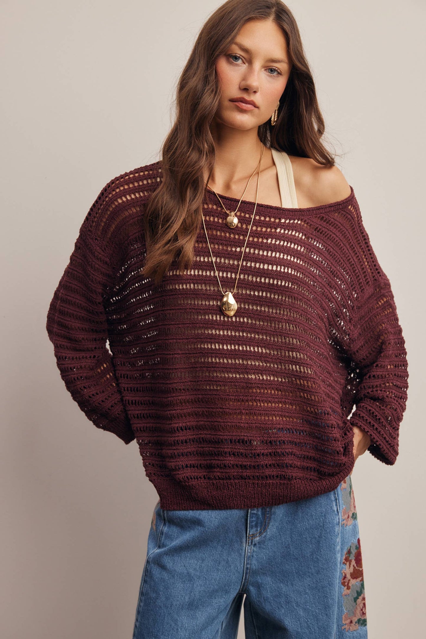 Open-Knit Stripe Sweater in Burgundy