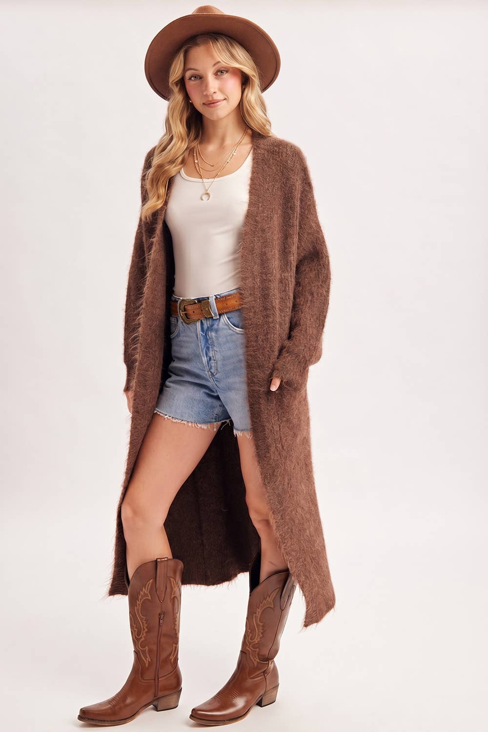 OPEN FRONT LONGLINE FUZZY KNIT SWEATER CARDIGAN in Taupe