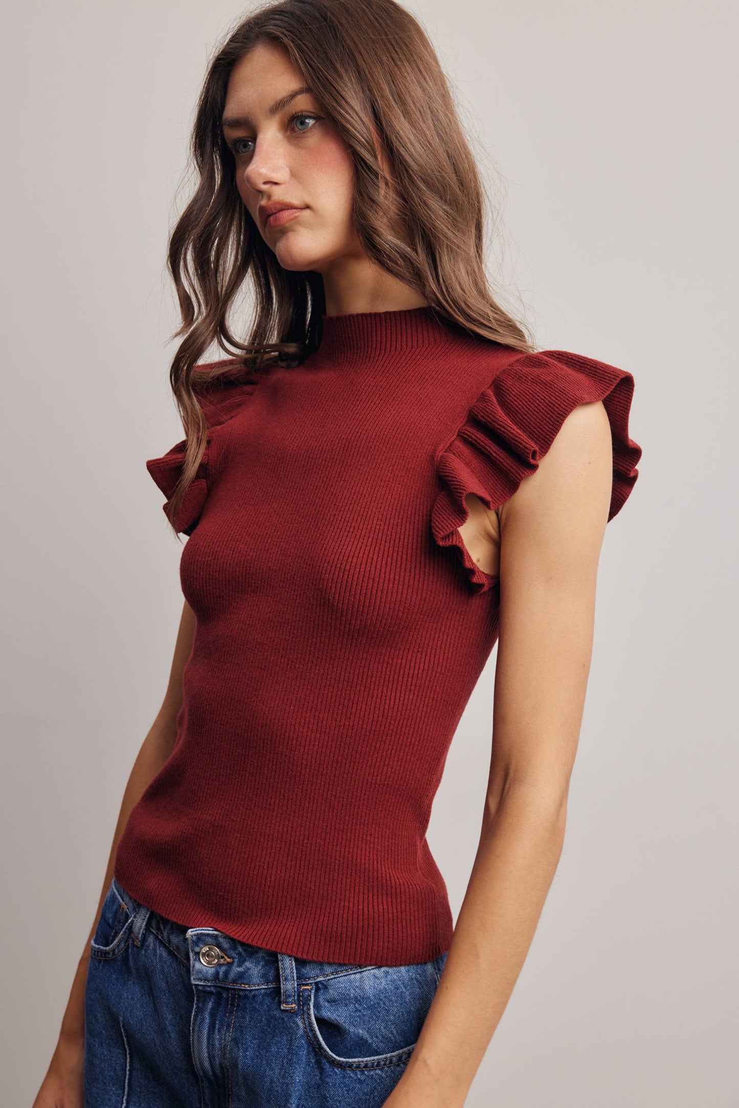 Ruffle Sleeve Rib Knit Top