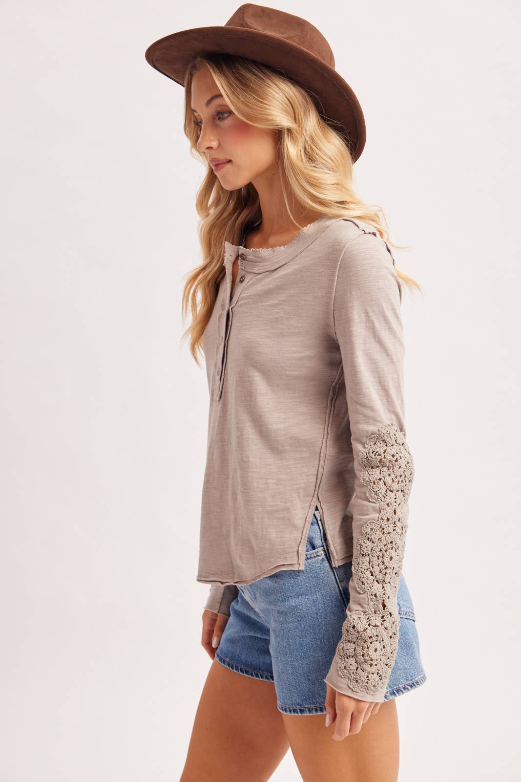 BLACK CROCHET PATCH SLEEVED HALF BUTTON ROUND NECK TOP