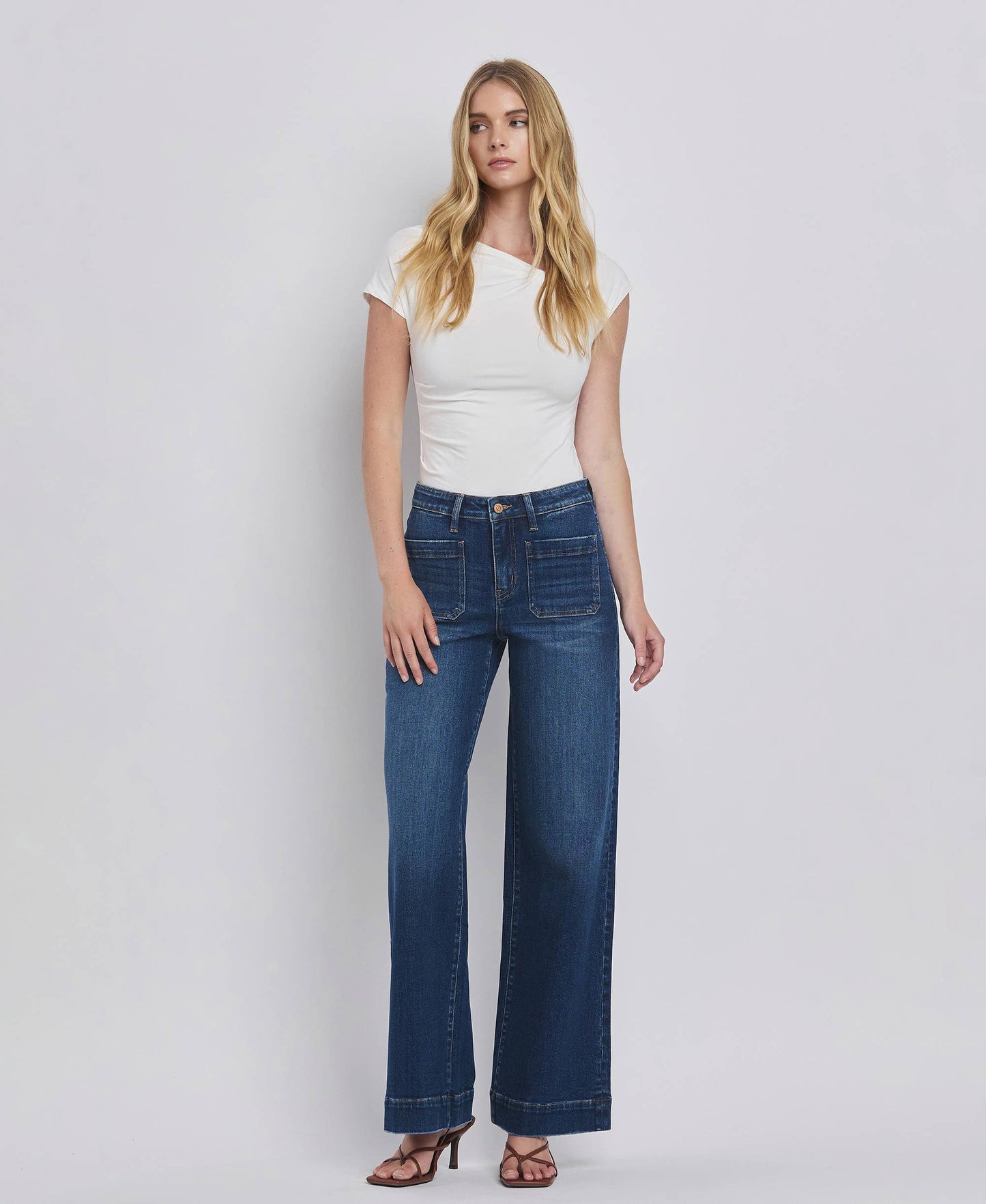 FLYING MONKEY HIGH RISE PATCH POCKET TROUSER  HEM WIDE JEANS