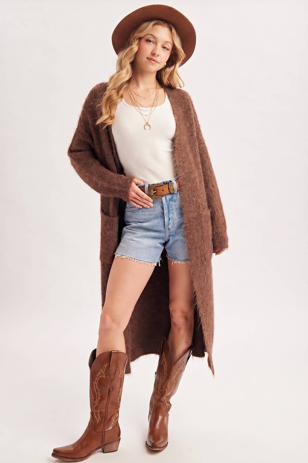 OPEN FRONT LONGLINE FUZZY KNIT SWEATER CARDIGAN in Taupe