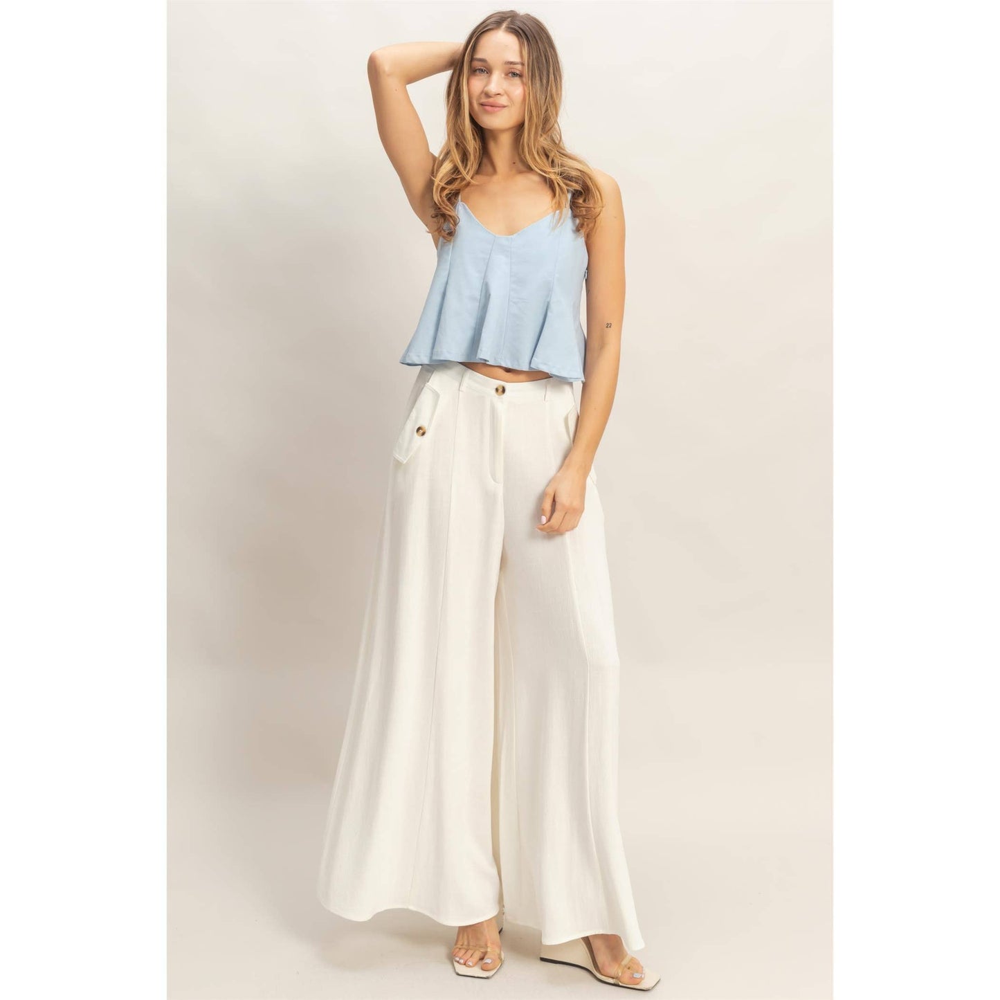Wide-Leg Flap Pocket Pants: OATMEAL