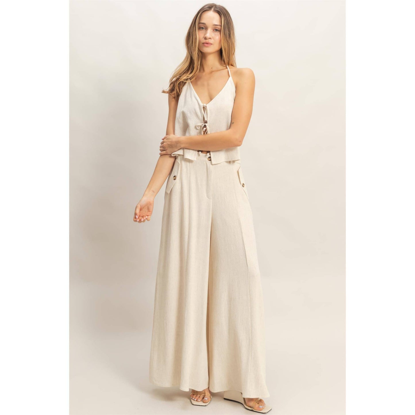 Wide-Leg Flap Pocket Pants: OATMEAL
