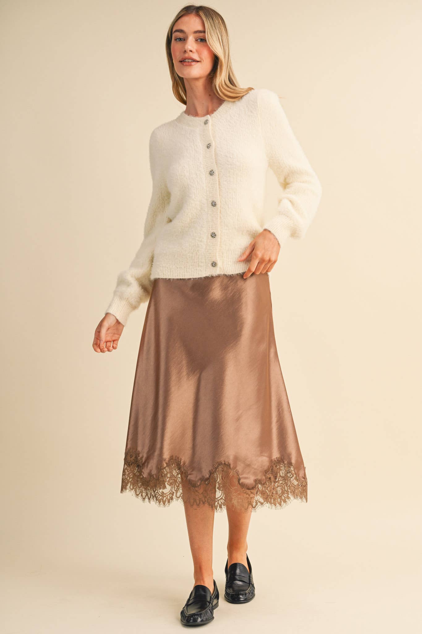 SATIN MIDI SLIP SKIRT WITH LACE HEM