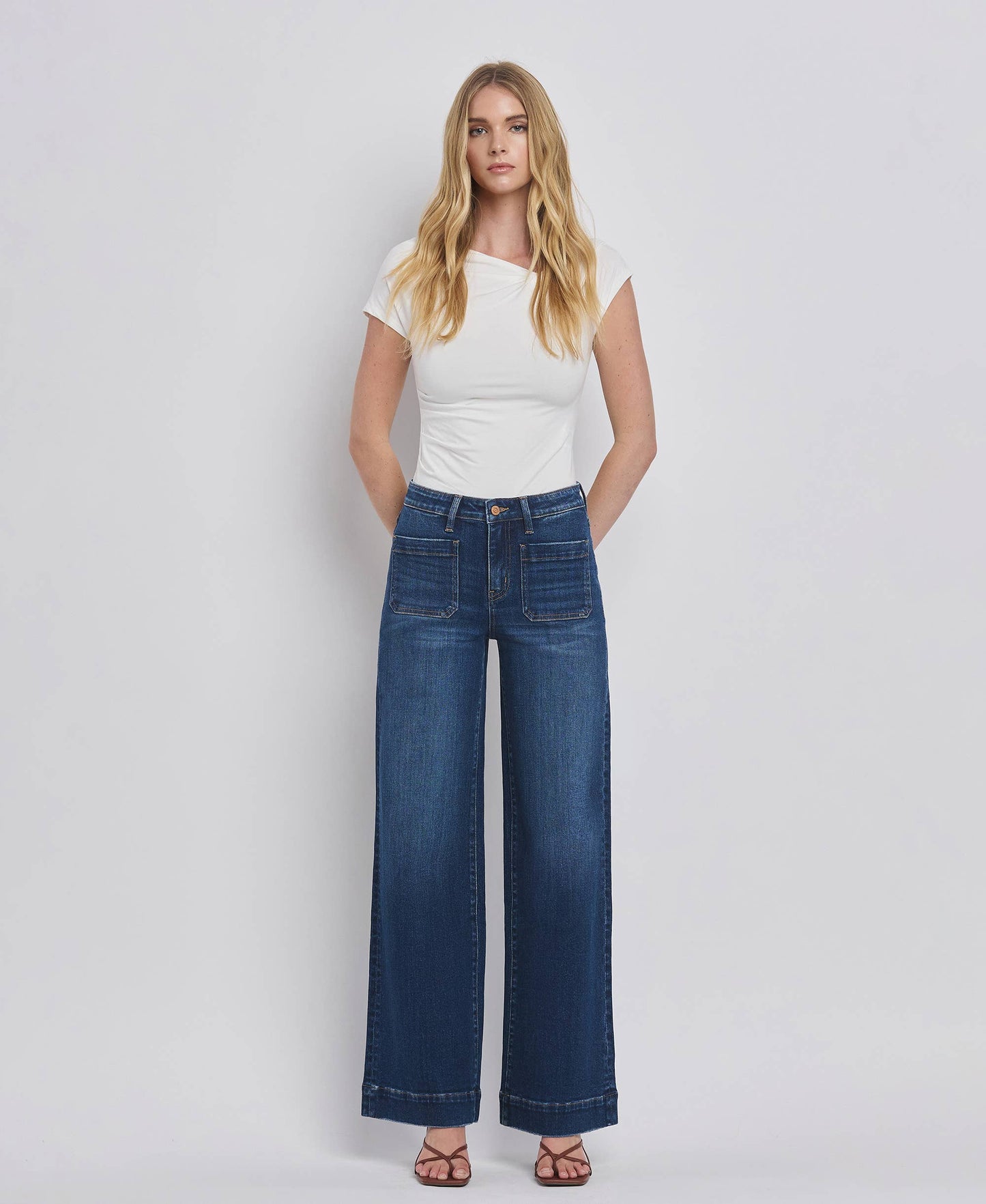 FLYING MONKEY HIGH RISE PATCH POCKET TROUSER  HEM WIDE JEANS