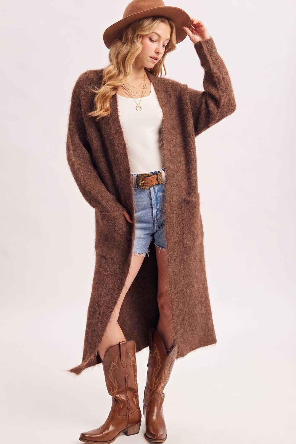 OPEN FRONT LONGLINE FUZZY KNIT SWEATER CARDIGAN in Taupe