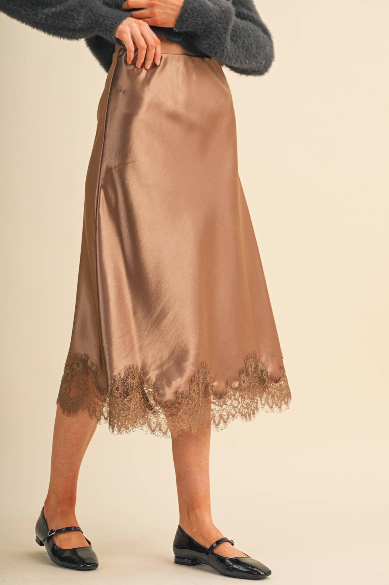 SATIN MIDI SLIP SKIRT WITH LACE HEM