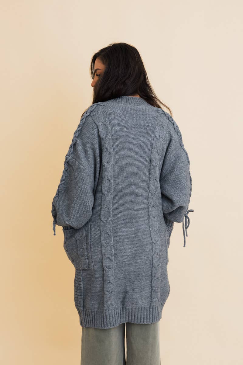Cozy Gray Cable Knit Oversized Cardigan w/ Adjustable Sleeves