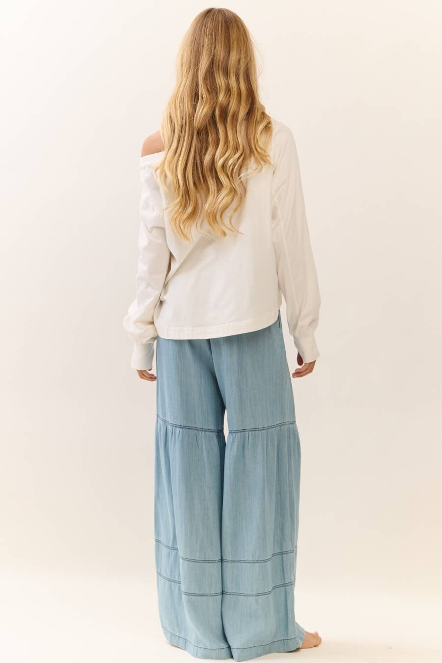 Washed Denim Tiered Wide Leg Pants