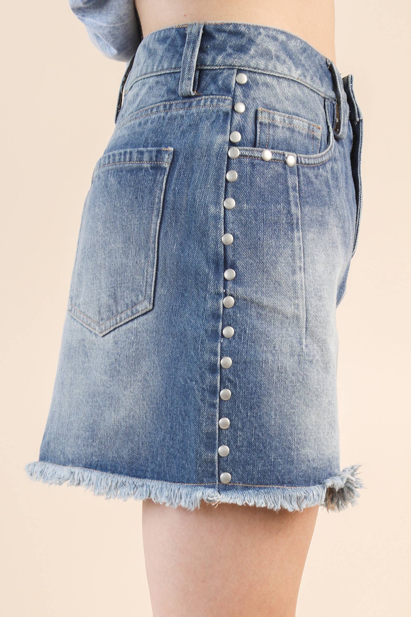 Side Stud Detail Washed Denim Mini Skirt