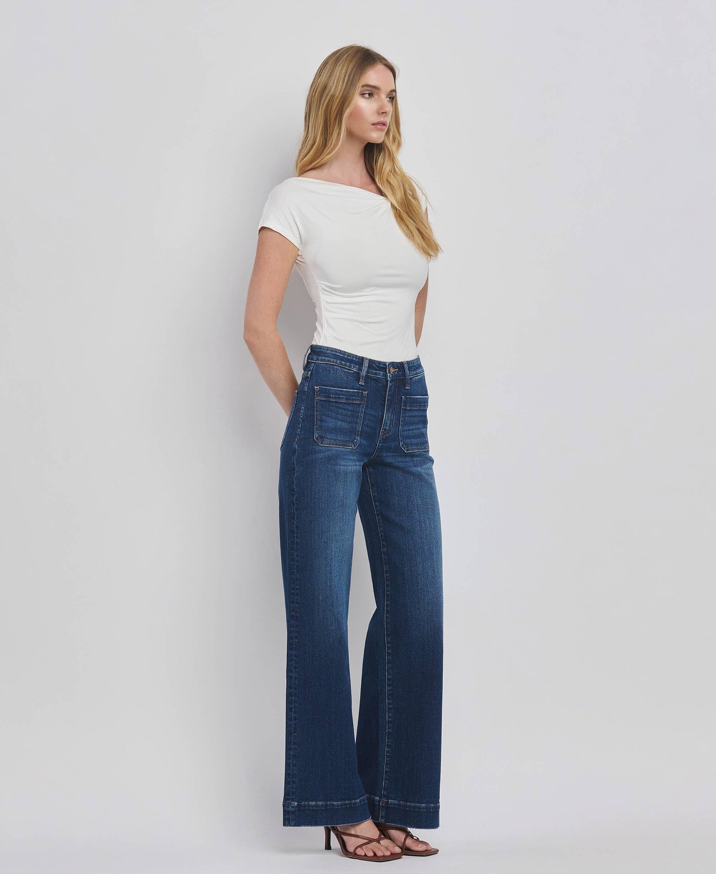 FLYING MONKEY HIGH RISE PATCH POCKET TROUSER  HEM WIDE JEANS