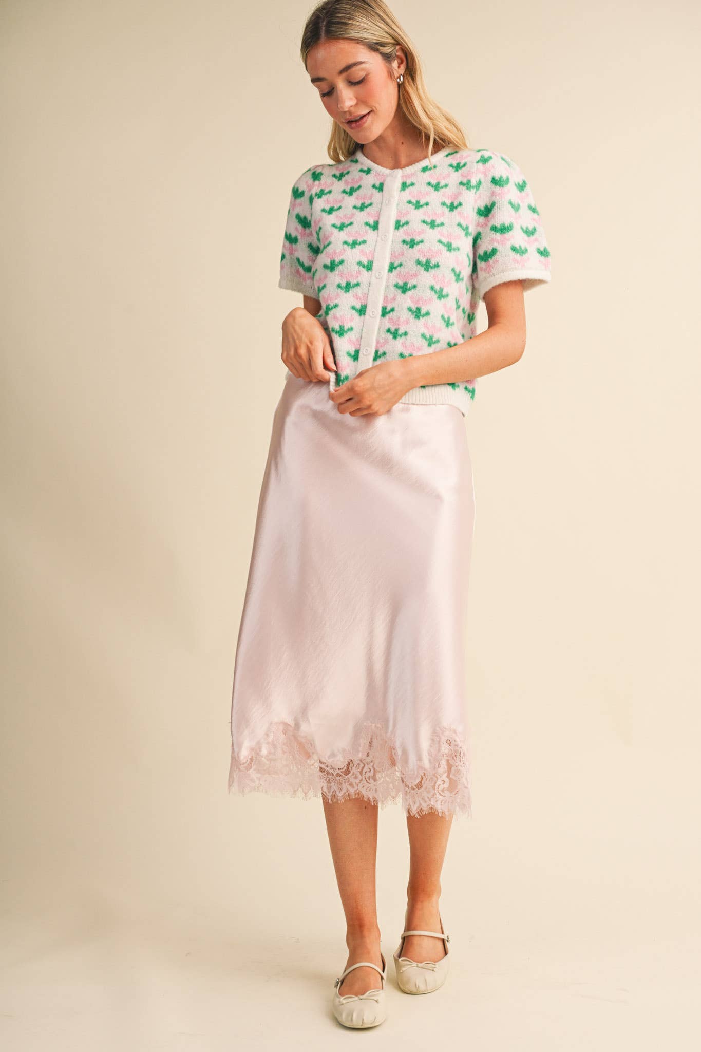 SATIN MIDI SLIP SKIRT WITH LACE HEM