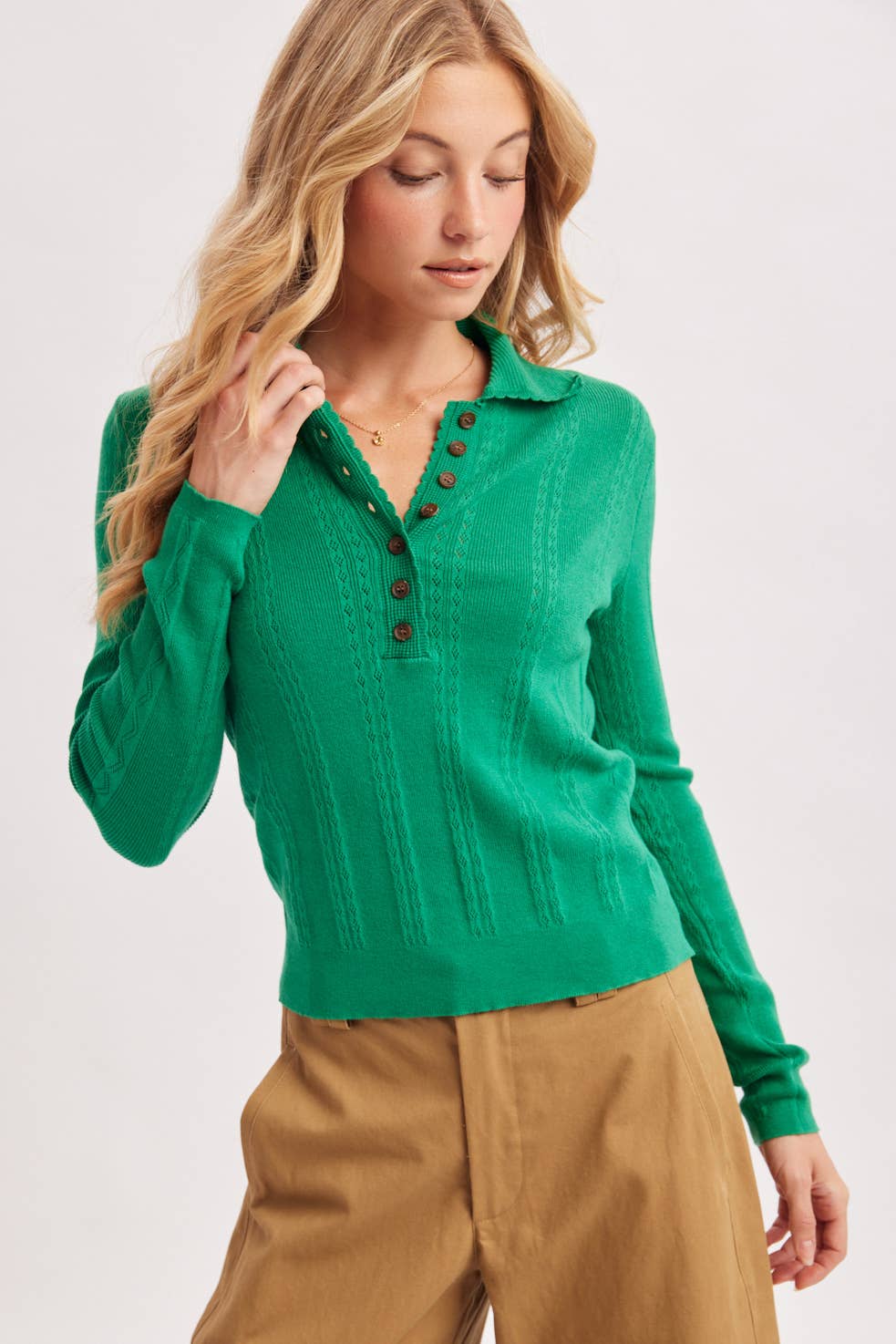 BUTTON-UP HENLEY NECK POINTELLE KNIT POLO TOP in Beige