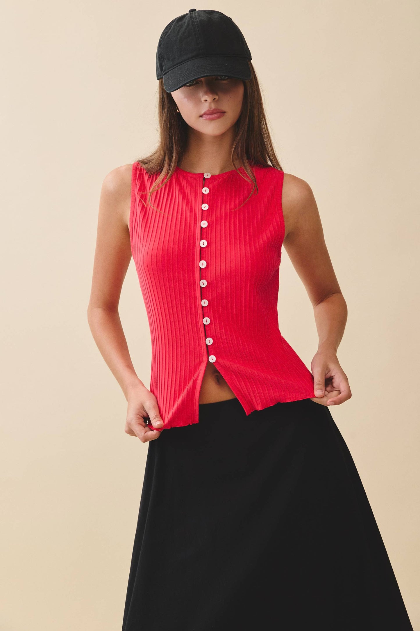 Ribbed Button Front Tank Top
