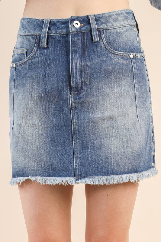 Side Stud Detail Washed Denim Mini Skirt