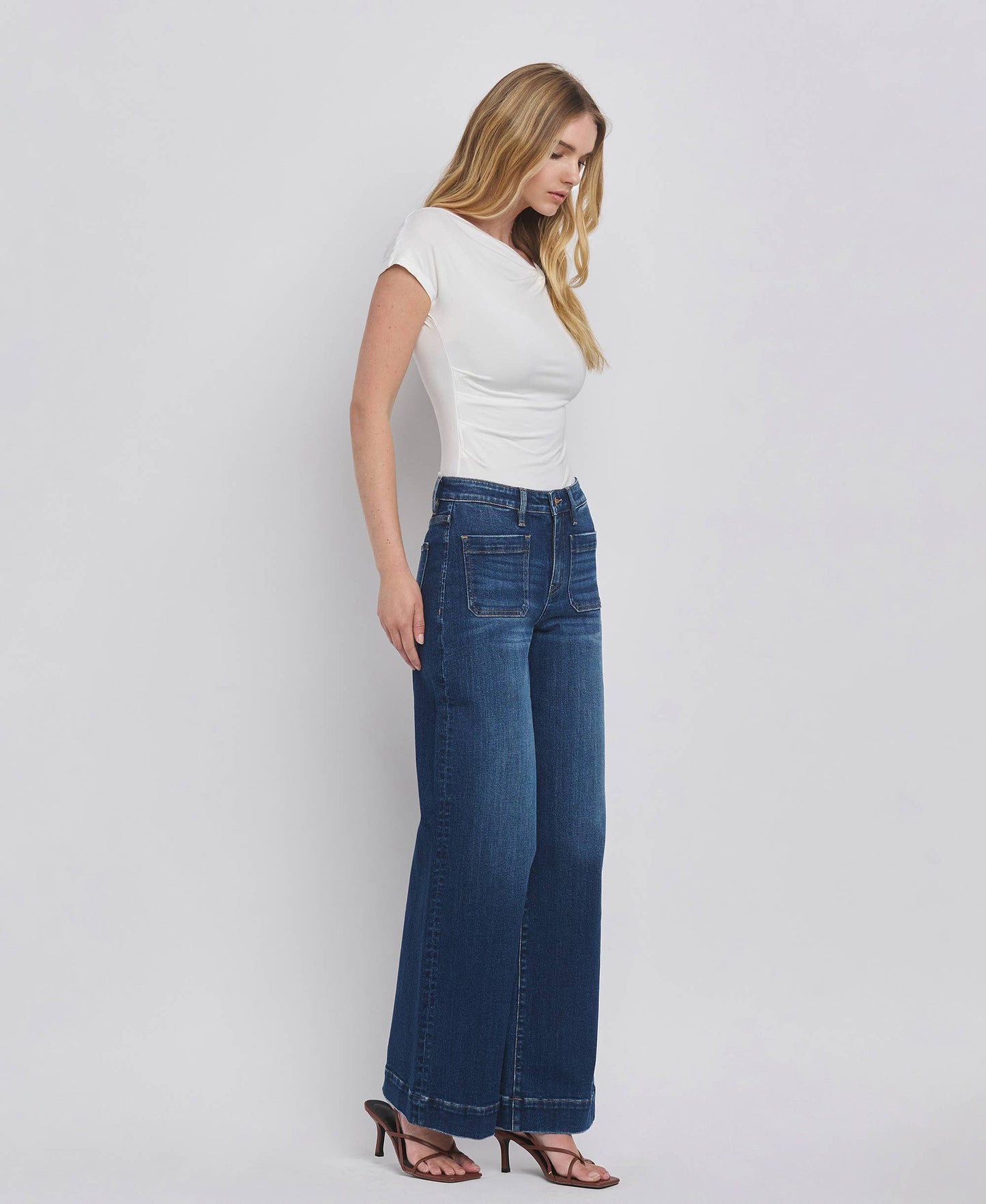 FLYING MONKEY HIGH RISE PATCH POCKET TROUSER  HEM WIDE JEANS