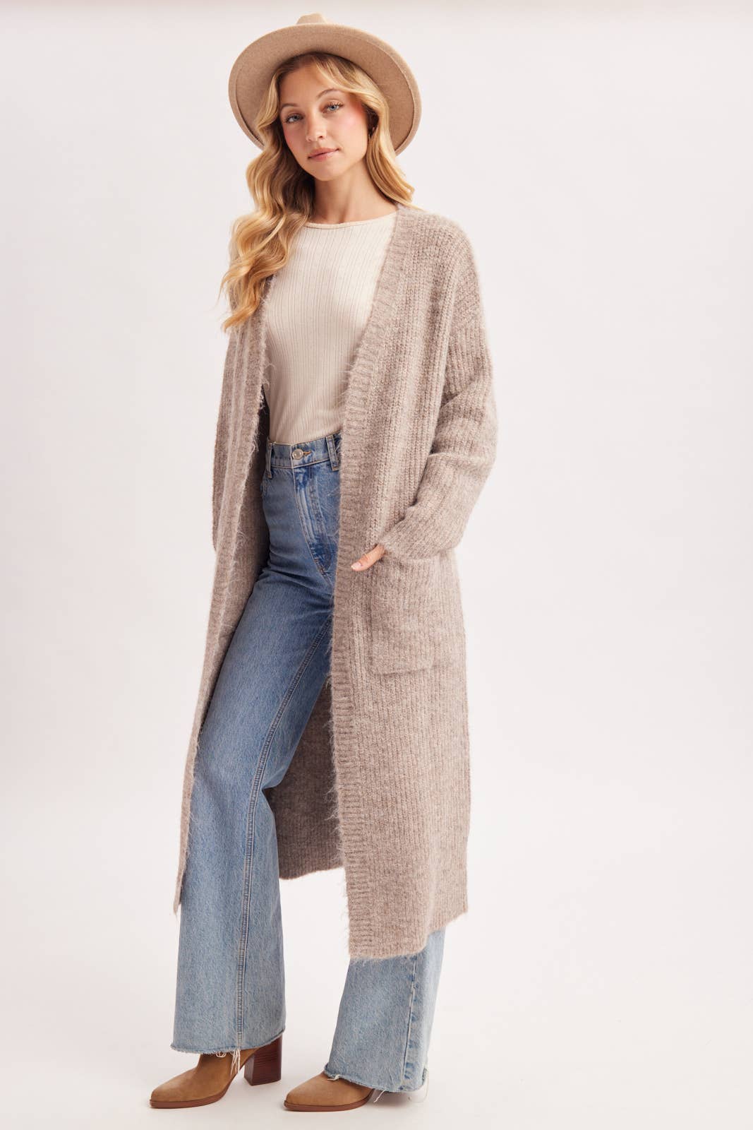 OPEN FRONT LONGLINE FUZZY KNIT SWEATER CARDIGAN in Taupe