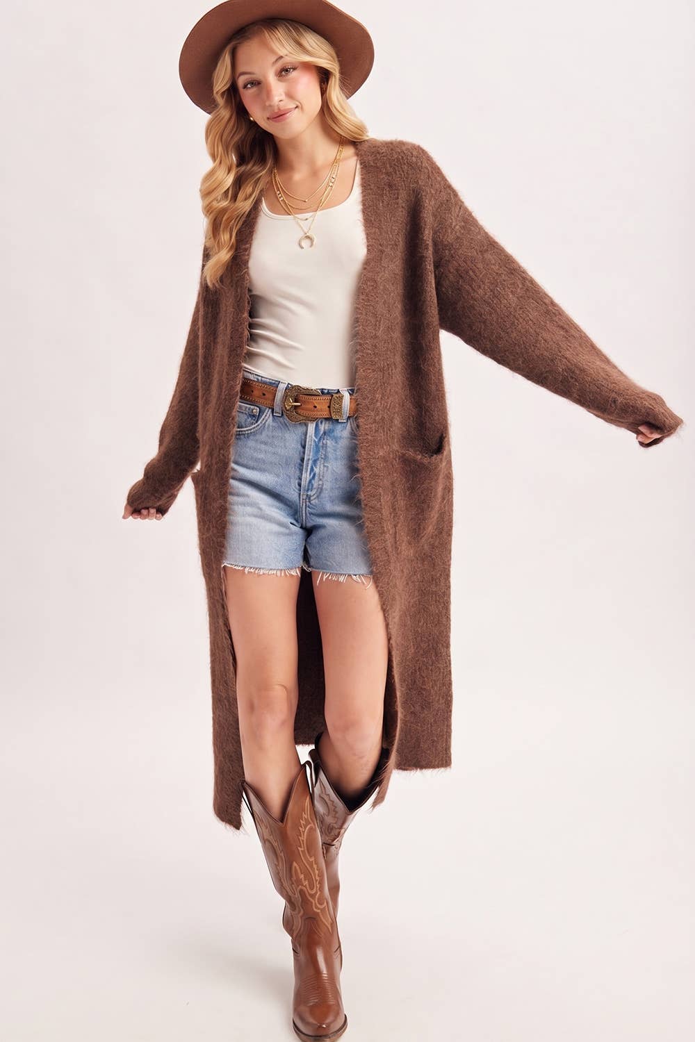 OPEN FRONT LONGLINE FUZZY KNIT SWEATER CARDIGAN in Taupe