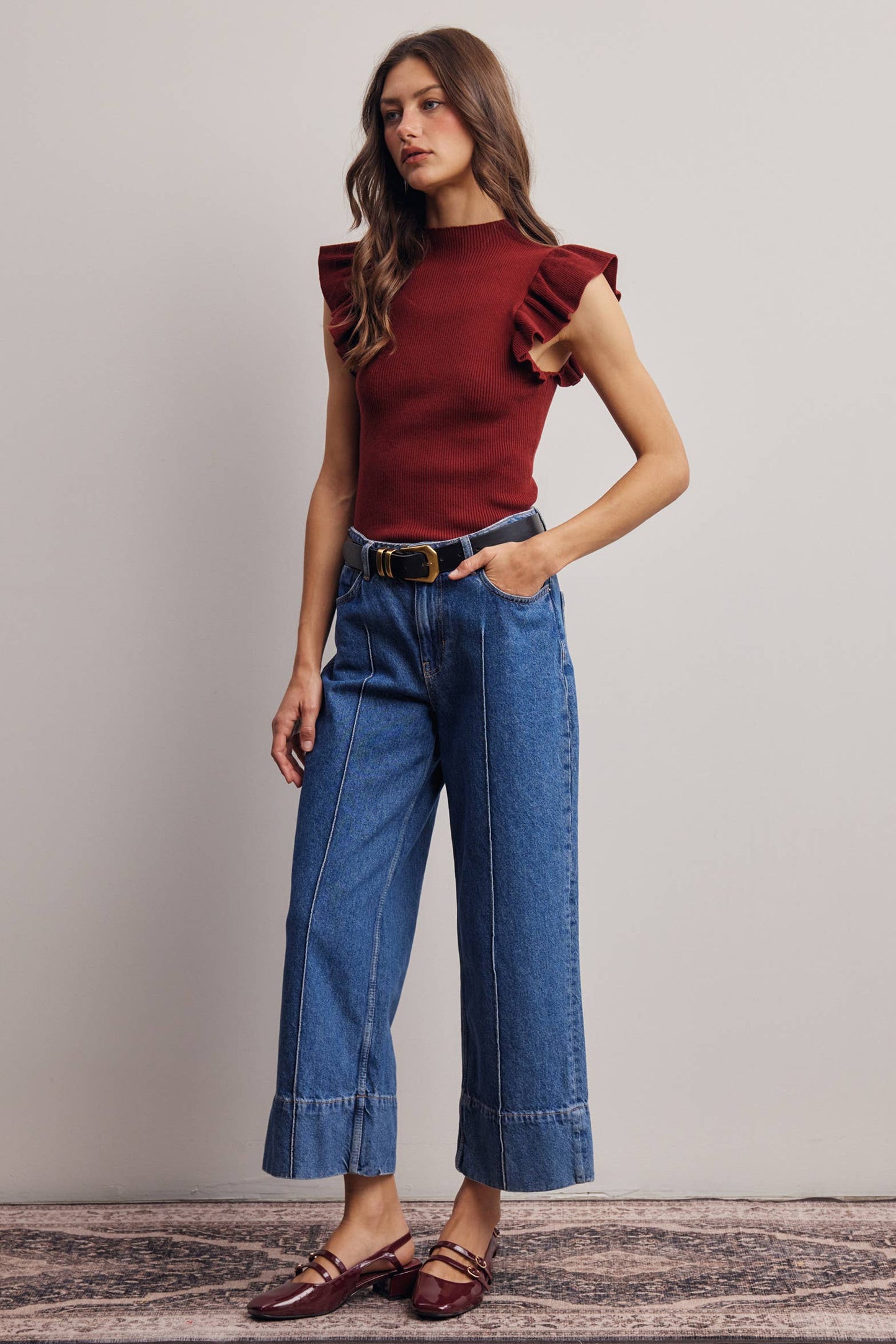 Ruffle Sleeve Rib Knit Top