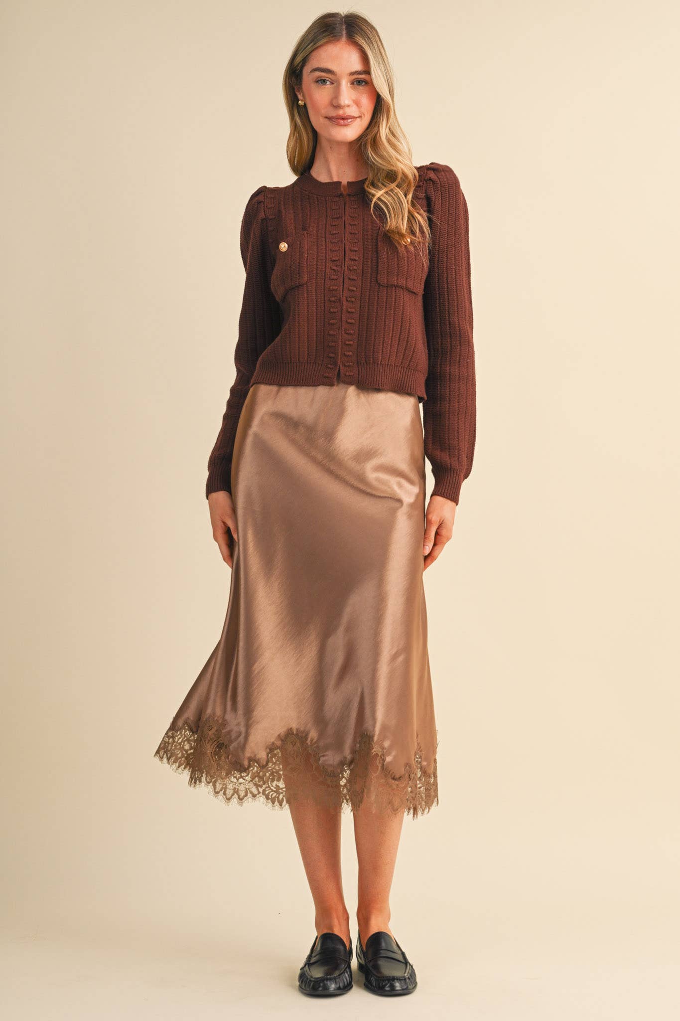 SATIN MIDI SLIP SKIRT WITH LACE HEM