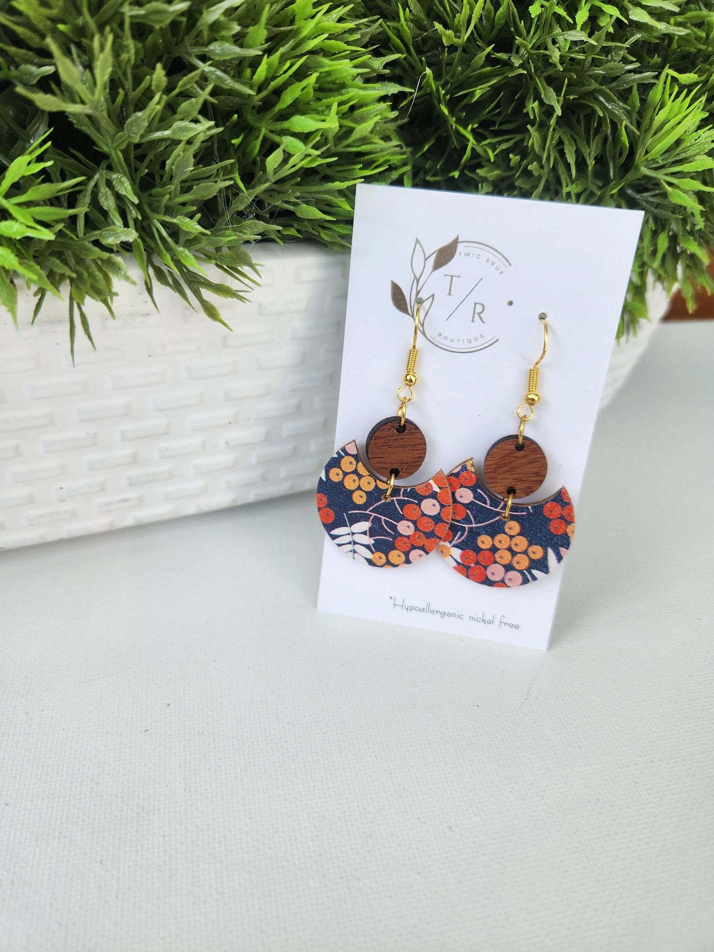 Estella| Fall berry wood & leather earring