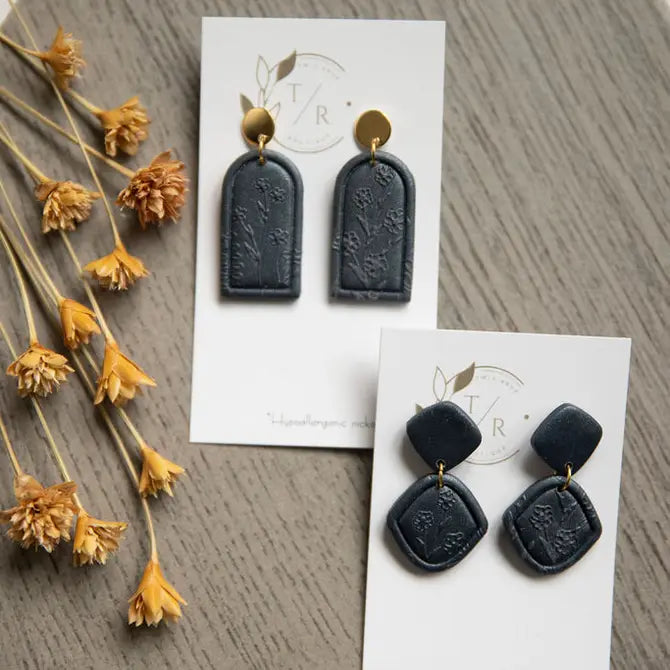 Graphite Navy floral clay earrings