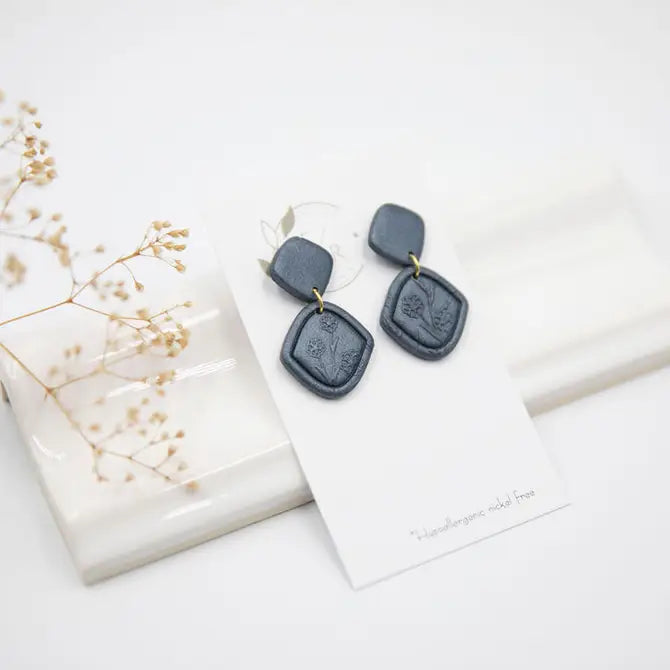 Graphite Navy floral clay earrings